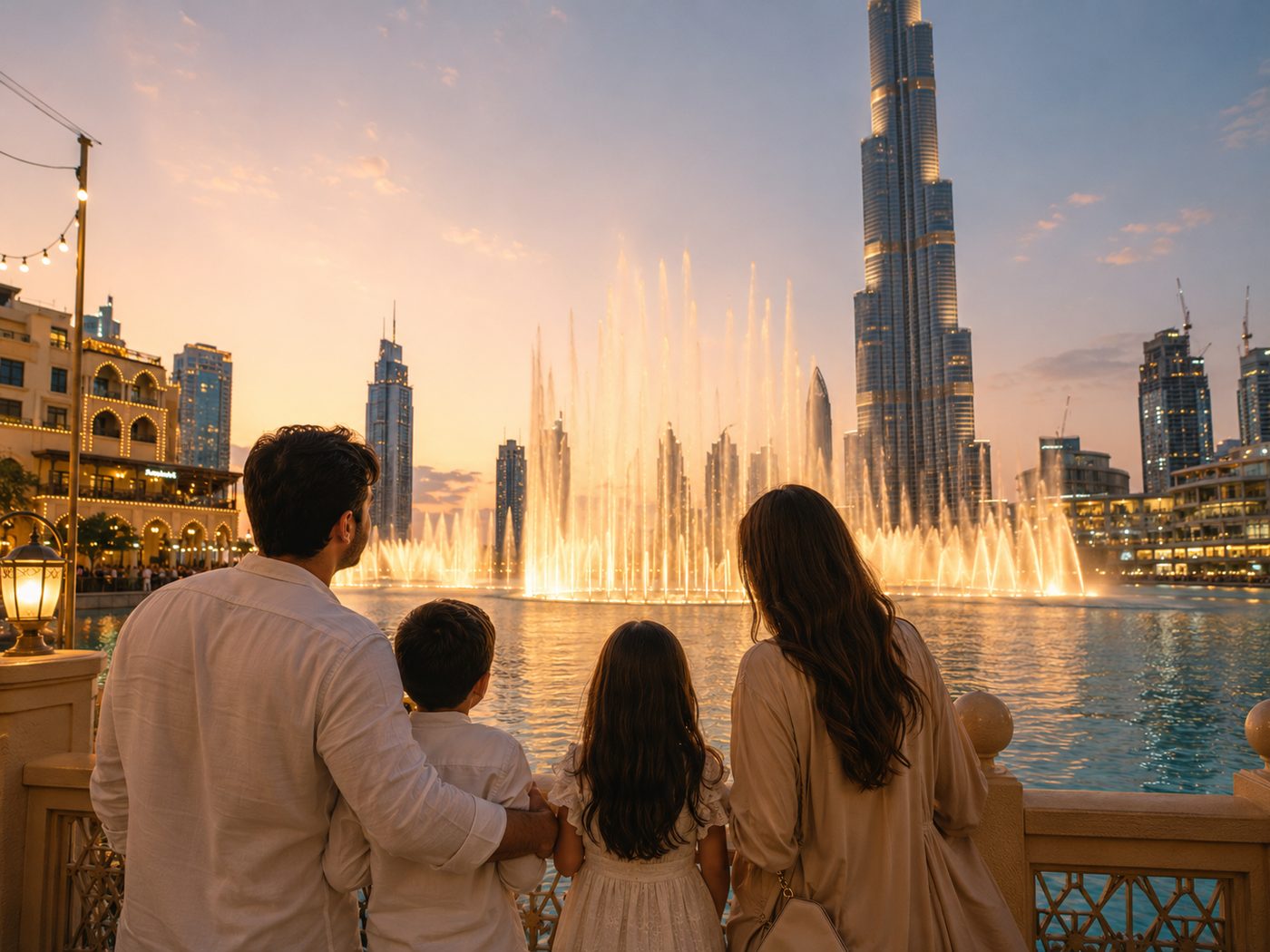 Family at the Dubai Fountain with the Burj Khalifa at sunset